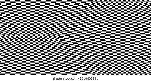 Psychedelic Checker Schwarz-Weiß-Muster. Abstraktes verzerrtes Schachbrett. Geometrische optische Täuschung. Vektorgrafik des Wunderland-Schachbretts