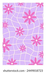 Psychedelic Checkerboard. Abstract groovy background with funky flowers. Hippie vertical backdrop. Y2k aesthetic. Retro playful vector illustration. Pattern in trendy 70s cartoon style.