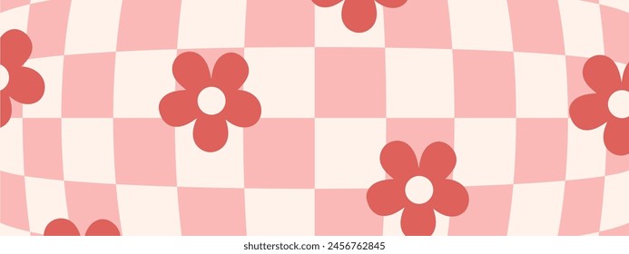 Psychedelic Checkerboard. Abstract groovy background with funky flowers. Hippie horizontal backdrop. Y2k aesthetic. Retro playful vector illustration. Pattern in trendy 70s cartoon style.