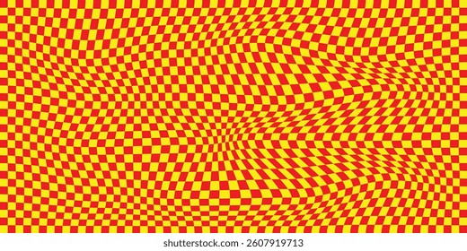 Psychedelic checkerboard background. Retro wavy checkered wallpaper with a groovy distorted pattern. Vector illustration. EPS 10
