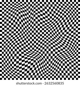 Psychedelic checkerboard background. Retro wavy checkered wallpaper with a groovy distorted pattern. Abstract black and white vector design. Vector illustration, eps 10