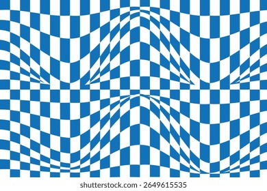 Psychedelic checkerboard background. Retro wavy checkered wallpaper with a groovy distorted pattern. Abstract blue and white vector design. Pattern abstract wave checkerboard background. eps 10