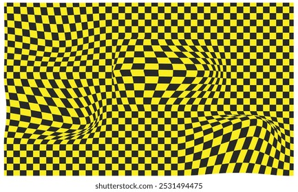 Fondo de tablero de ajedrez psicodélico con azulejo de rejilla ondulada deformada. Patrón geométrico a cuadros trenzados sin fisuras en estilo groovy. Carteles de tablero de ajedrez de color con efecto de distorsión, Ilustración vectorial.