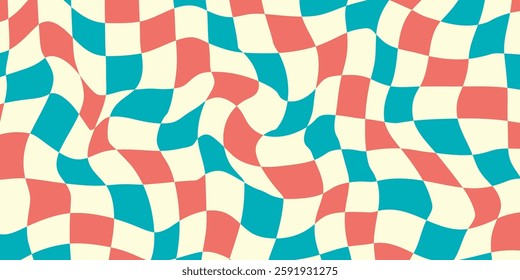 Psychedelic checkerboard background with wavy distortions, retro color palette. Groovy geometric pattern, warped grid effect, hippie texture, 70s, surreal.