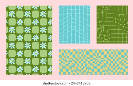 Psychedelic checkerboard background. Wavy vector illustrations, trendy psychedelic style and groovy color checkerboard