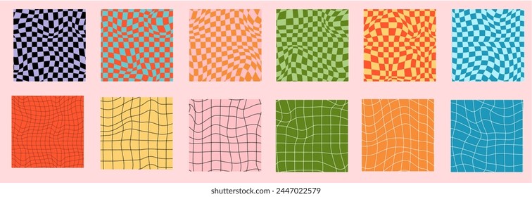 Psychedelic checkerboard background. Wavy vector illustrations, trendy psychedelic style and groovy color checkerboard
