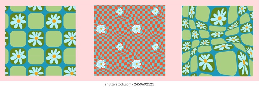 Psychedelic checkerboard background. Wavy vector illustrations, trendy psychedelic style and groovy color checkerboard