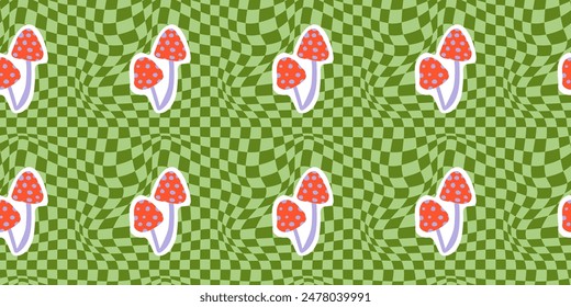 Psychedelic checkerboard background. Wavy vector illustrations, trendy psychedelic style and groovy color checkerboard