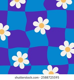 Psychedelic checkerboard with bold geometric distortions and daisies, surreal retro look. Wavy grid pattern, vibrant 70s colors, groovy hippie energy.