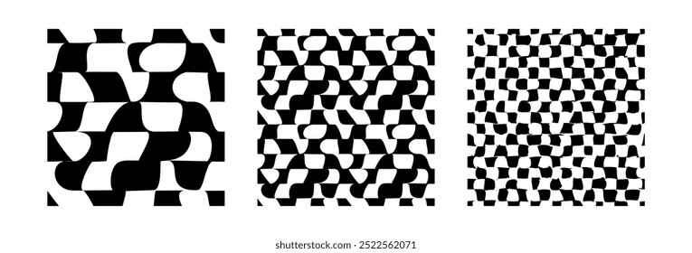 Psychedelic checkerboard or camouflage. Visually striking design featuring black white colors. Trippy geometric shapes. Optical illusions, retro art, mesmerizing visual vintage vector illustration