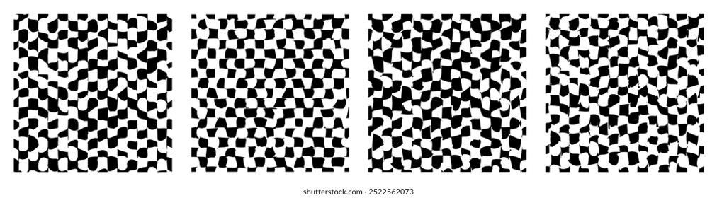 Psychedelic checkerboard or camouflage. Visually striking design featuring black white colors. Trippy geometric shapes. Optical illusions, retro art, mesmerizing visual vintage vector illustration