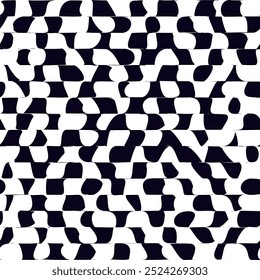 Psychedelic checkerboard or camouflage. Visually striking design featuring black white colors. Trippy geometric shapes. Optical illusions, retro art, mesmerizing visual vintage vector illustration