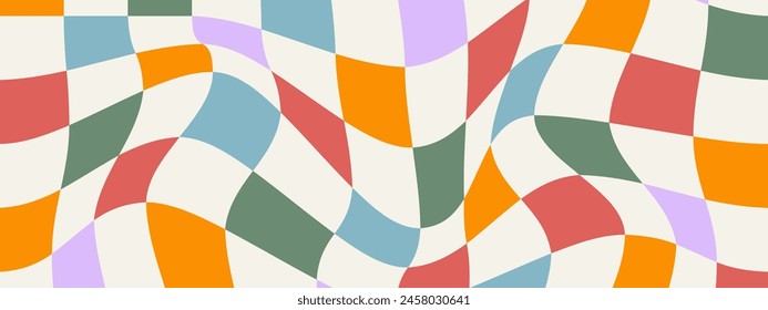 Psychedelic Checkerboard. Colorful Groovy hippie 70s background. Distorted vector illustration in Y2k style.