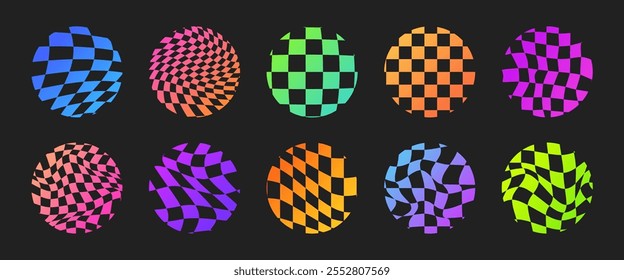 Psychedelic Checkerboard. Colorful neon Groovy hippie 70s circles background. Distorted vector illustration in Y2k style.
