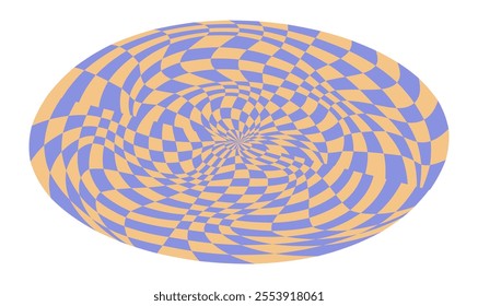 Psychedelic checkerboard ellipse. Visually striking design featuring in groovy colors. Trippy spiral shapes. Optical illusions pattern, retro art style, mesmerizing graphic poster vector illustration