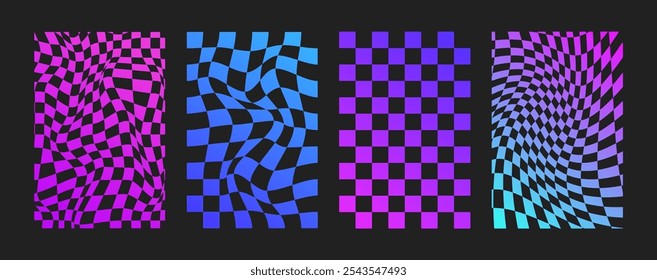 Psychedelic Checkerboard. Gradient neon groovy background. Hippie vertical backdrop. Y2k aesthetic. Retro funky vector illustration. Pattern in trendy 70s cartoon style.