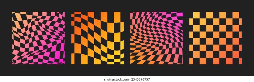 Psychedelic Checkerboard. Gradient neon groovy background. Hippie square backdrop. Y2k aesthetic. Retro funky vector illustration. Pattern in trendy 70s cartoon style.