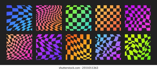 Tabuleiro Psicodélico. Fundo de gradiente neon groovy. Fundo quadrado hippie. Estética Y2k. Ilustração de vetor funky retrô. Padrão no estilo de desenho animado dos anos 70.