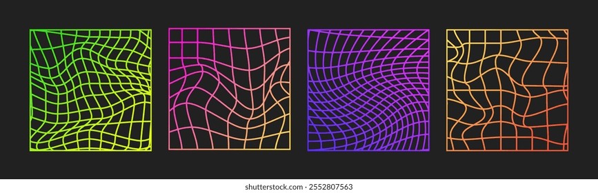Psychedelic Checkerboard. Gradient Trippy checkered wallpaper. Linear Groovy background. Hippie vector illustration in Y2k style. Vintage distorted geometric pattern.
