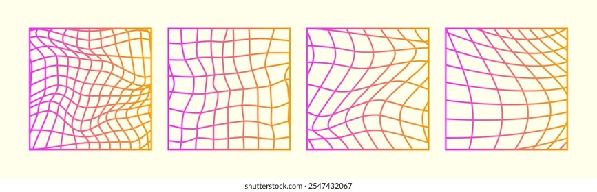 Psychedelic Checkerboard. Gradient Waves groovy background. Neon Hippie wallpaper in Y2k style. Retro vector illustration. Linear Distorted geometric pattern. Twisted chessboard.