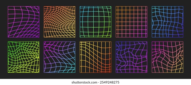 Tabuleiro Psicodélico. Fundo groovy das ondas de gradiente. Neon Hippie papel de parede em estilo Y2k. Ilustração de vetor retrô. Padrão geométrico Linear Distorcido. Tabuleiro de xadrez torcido.