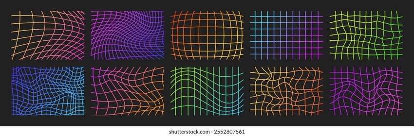 Psychedelic Checkerboard. Gradient Waves groovy background. Neon Hippie wallpaper in Y2k style. Retro vector illustration. Linear Distorted geometric pattern. Twisted chessboard.