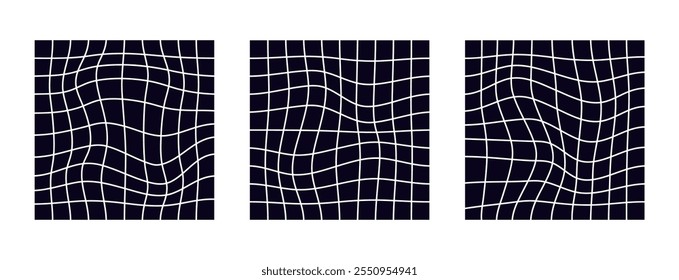 Cuadrícula de tablero de ajedrez psicodélico. Diseño visualmente llamativo con colores blanco y negro en contraste. Trippy Formas geométricas. Ilusiones ópticas y arte retro, fascinante Ilustración vectorial visual vintage