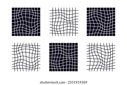 Cuadrícula de tablero de ajedrez psicodélico. Diseño visualmente llamativo con colores blanco y negro en contraste. Trippy Formas geométricas. Ilusiones ópticas y arte retro, fascinante Ilustración vectorial visual vintage