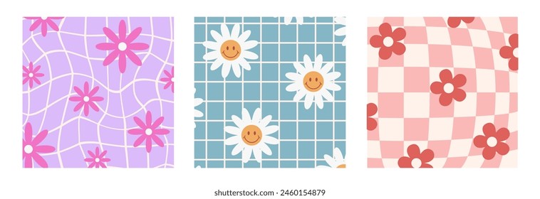Psychedelic Checkerboard. Groovy hippie 70s backgrounds set. Trippy patterns with daisy flowers. Retro floral print. Distorted vector illustration in Y2k style.