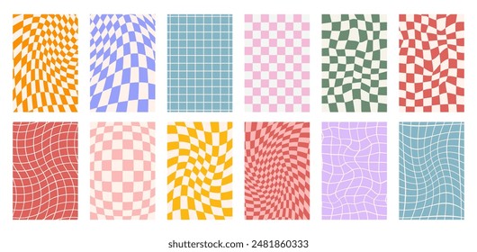 Psychedelic Checkerboard. Groovy hippie 70s backgrounds set. Trippy checkered wallpaper. Retro vector illustration in Y2k style. Funky distorted pattern.