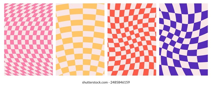 Psychedelic Checkerboard. Groovy hippie 70s background set. Trippy checkered wallpaper. Retro vector illustration in Y2k style. Funky distorted poster patterns. Red, pink, yellow and blue colors