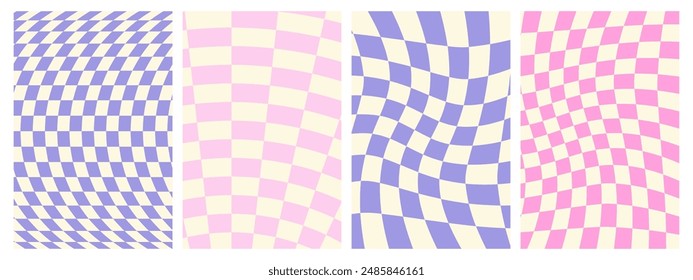 Psychedelic Checkerboard. Groovy hippie 70s background set. Trippy checkered wallpaper. Retro vector illustration in Y2k style. Funky distorted poster patterns.