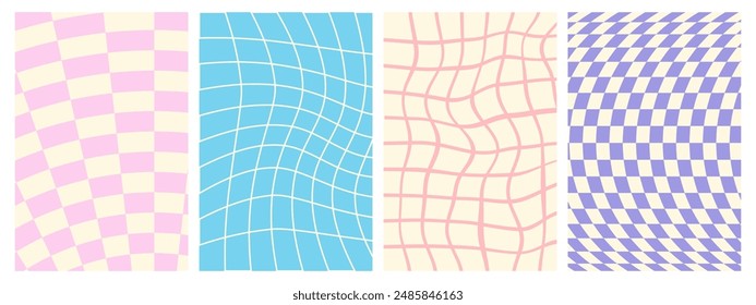 Psychedelic Checkerboard. Groovy hippie 70s background set. Trippy checkered wallpaper. Retro vector illustration in Y2k style. Funky distorted poster patterns.