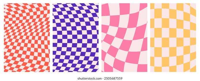 Psychedelic Checkerboard. Groovy hippie 70s background set. Trippy checkered wallpaper. Retro vector illustration in Y2k style. Funky distorted poster patterns.