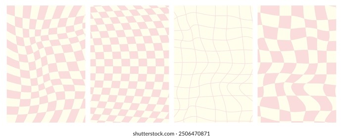 Psychedelic Checkerboard. Groovy hippie 70s background set. Trippy checkered wallpaper. Retro vector illustration in Y2k style. Funky distorted poster patterns. White and pink colors