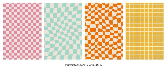 Psychedelic Checkerboard. Groovy hippie 70s background set. Trippy checkered wallpaper. Retro vector illustration in Y2k style. Funky distorted poster patterns.