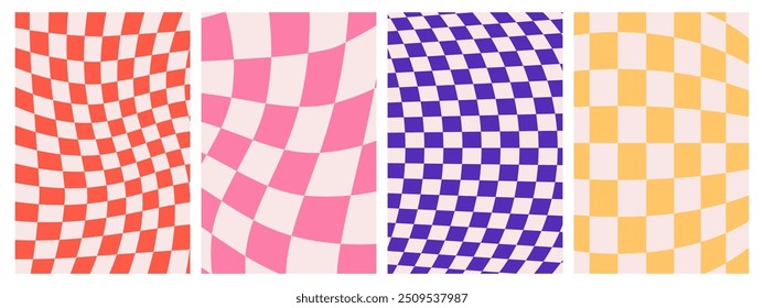 Psychedelic Checkerboard. Groovy hippie 70s background set. Trippy checkered wallpaper. Retro vector illustration in Y2k style. Funky distorted poster patterns.