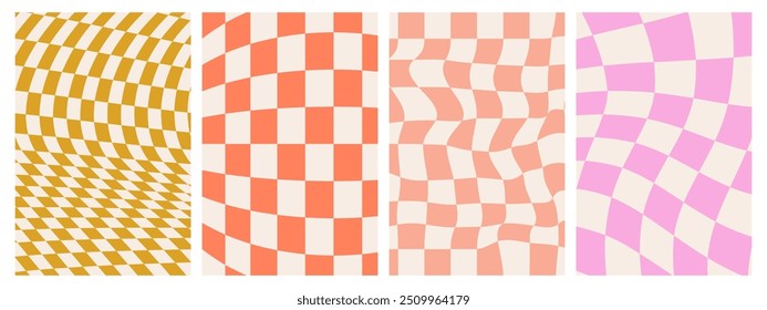 Psychedelic Checkerboard. Groovy hippie 70s background set. Trippy checkered wallpaper. Retro vector illustration in Y2k style. Funky distorted poster patterns.