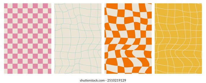 Psychedelic Checkerboard. Groovy hippie 70s background set. Trippy checkered wallpaper. Retro vector illustration in Y2k style. Funky distorted poster patterns.