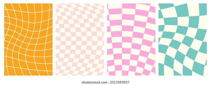 Psychedelic Checkerboard. Groovy hippie 70s background set. Trippy checkered wallpaper. Retro vector illustration in Y2k style. Funky distorted poster patterns.