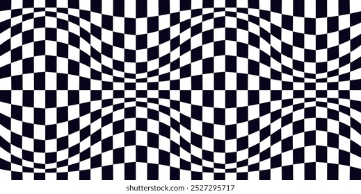 Psychedelic checkerboard, mosaic ornament. Visually striking design featuring black white colors. Trippy geometric shapes. Optical illusions, retro art, mesmerizing visual vintage vector illustration