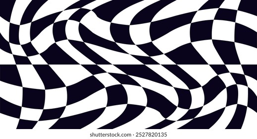 Psychedelic checkerboard, mosaic ornament. Visually striking design featuring black white colors. Trippy geometric shapes. Optical illusions, retro art, mesmerizing visual vintage vector illustration