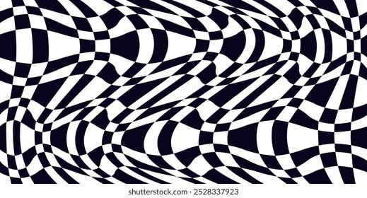 Psychedelic checkerboard, mosaic ornament. Visually striking design featuring black white colors. Trippy geometric shapes. Optical illusions, retro art, mesmerizing visual vintage vector illustration