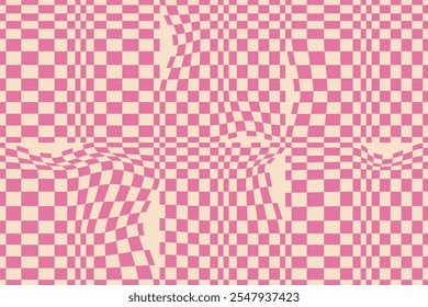 Psychedelic checkerboard, mosaic ornament. Visually striking design featuring pastel colors. Trippy geometric shapes. Optical illusions, retro art, mesmerizing visual vintage vector illustration