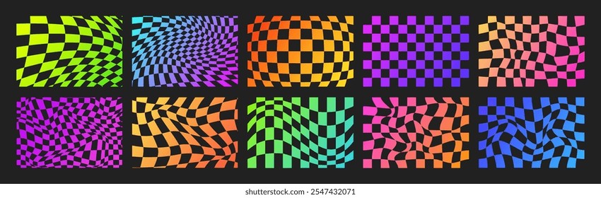 Psychedelic Checkerboard. Neon Groovy hippie 70s backgrounds set. Trippy checkered wallpaper. Retro vector illustration in Y2k style. Funky distorted pattern.