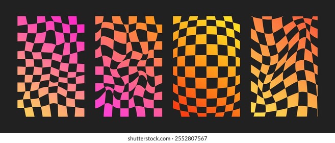 Psychedelic Checkerboard. Neon Groovy hippie 70s backgrounds set. Trippy checkered wallpaper. Retro vector illustration in Y2k style. Funky distorted pattern.