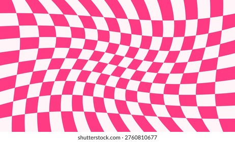 Psychedelic Checkerboard neon pink pattern. Y2k chessboard optical illusion background. Surreal square funky print design. Distorted geometric grid checker wallpaper. Vector illustration