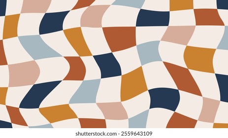 Psychedelic checkerboard pattern. Colorful groovy background in hippie 60s-70s style. Distorted retro design in Y2k style.