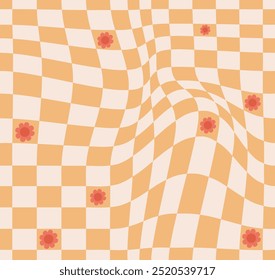 Psychedelic checkerboard pattern. Visually striking design featuring pastel colors and trippy geometric shapes groovy style. Optical illusions retro art, graphic mesmerizing visual vector illustration