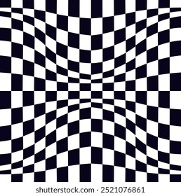 Psychedelic checkerboard pattern. Visually striking design featuring contrast black white colors and trippy geometric shapes. Optical illusions and retro art, mesmerizing visual vector illustration